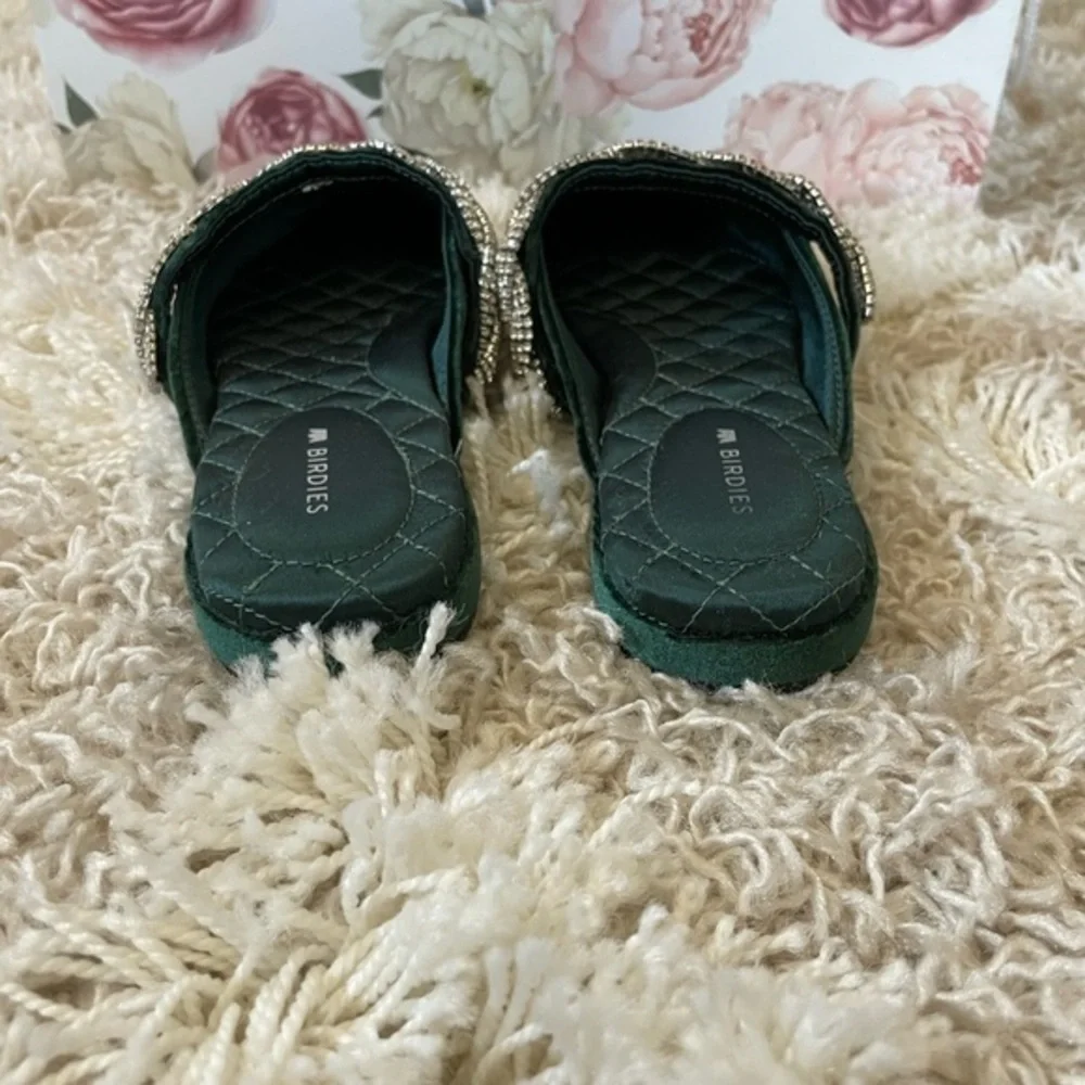 Emerald Green Birdies Swan Jeweled Velvet Slip On Shoe